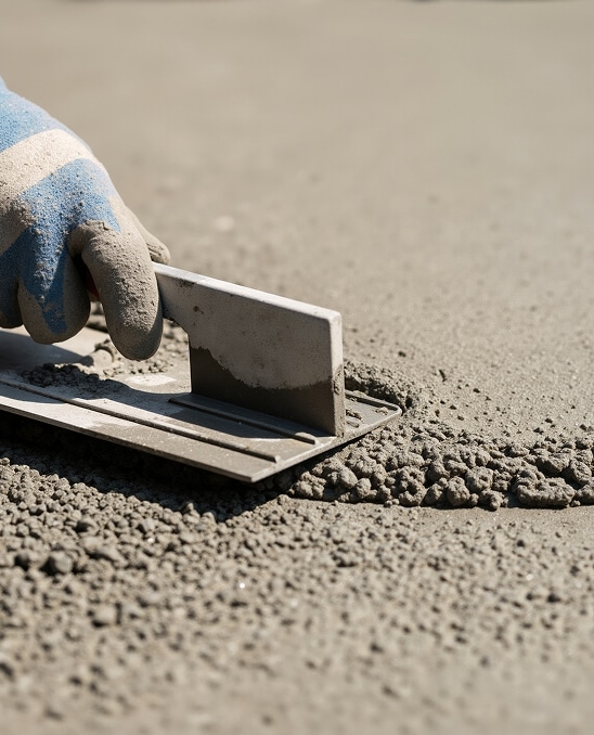Gant de travail bleu et sale tirant une lisseuse manuelle pour aplanir du béton granuleux frais sur un chantier.